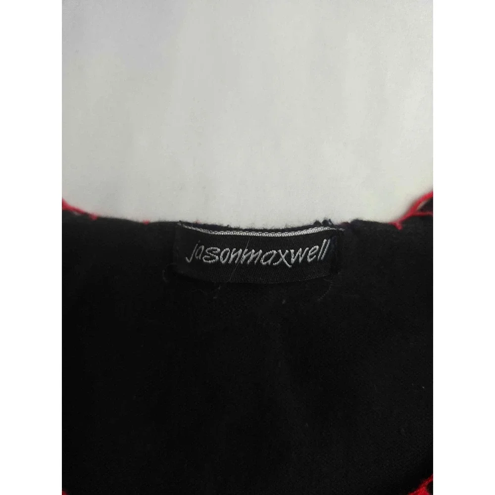 Jason Maxwell Black Floral Embroidered Keyhole Top Red Blanket Stitch Womens L
